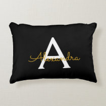 Black Gold Modern Script Girly Monogram Name Accent Pillow