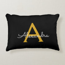 Black Gold Modern Script Girly Monogram Name Accent Pillow