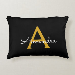Black Gold Modern Script Girly Monogram Name Accent Pillow