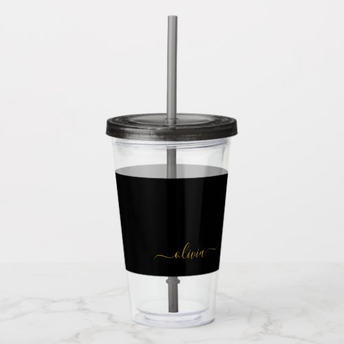 Black Gold Modern Script Girly Monogram Name Acrylic Tumbler