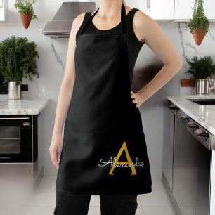 Black Gold Modern Script Girly Monogram Name Apron