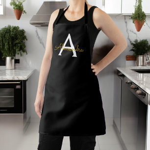 Black Gold Modern Script Girly Monogram Name Apron