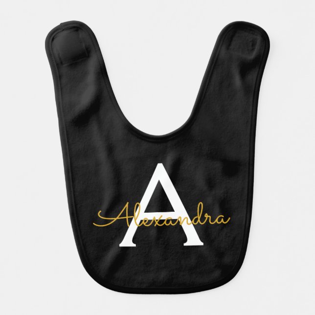 Black Gold Modern Script Girly Monogram Name Baby Bib (Front)