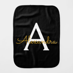 Black Gold Modern Script Girly Monogram Name Baby Burp Cloth
