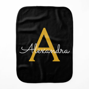 Black Gold Modern Script Girly Monogram Name Baby Burp Cloth
