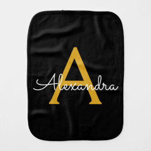 Black Gold Modern Script Girly Monogram Name Baby Burp Cloth