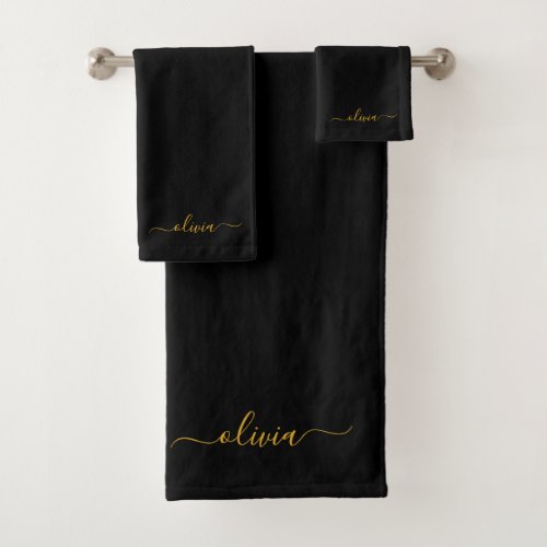 Black Gold Modern Script Girly Monogram Name Bath  Bath Towel Set