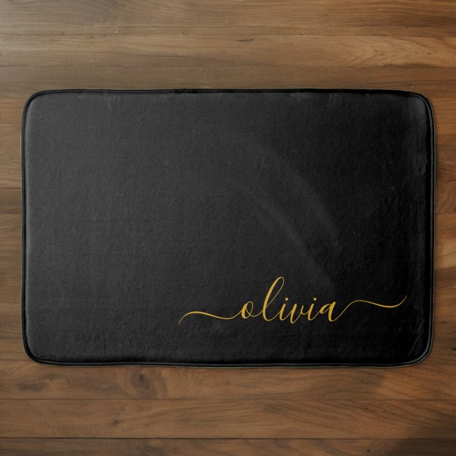 Black Gold Modern Script Girly Monogram Name Bath Mat (Creator Uploaded)