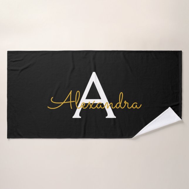 Black Gold Modern Script Girly Monogram Name Bath Towel (Bath Towel)
