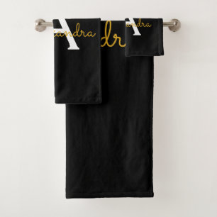 Black Gold Modern Script Girly Monogram Name Bath Towel Set