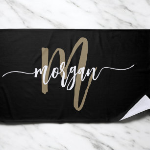 Black Gold Modern Script Girly Monogram Name Beach Towel