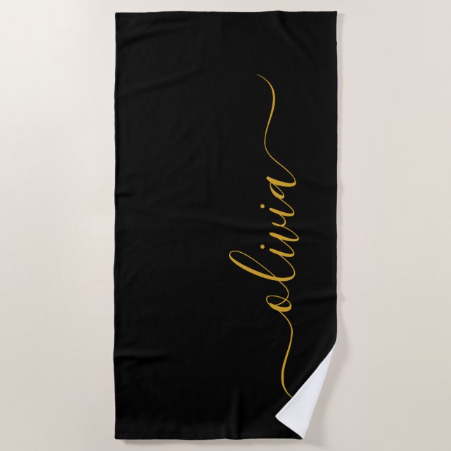 Black Gold Modern Script Girly Monogram Name Beach Towel (Front)