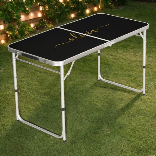 Black Gold Modern Script Girly Monogram Name Beer Pong Table