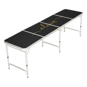 Black Gold Modern Script Girly Monogram Name Beer Pong Table