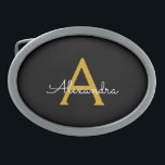Black Gold Modern Script Girly Monogram Name Belt Buckle<br><div class="desc">Black and Gold Simple Script Monogram Name Belt Buckle. This makes the perfect graduation,  sweet 16 16th,  18th,  21st,  30th,  40th,  50th,  60th,  70th,  80th,  90th,  100th birthday,  wedding,  bridal shower,  anniversary,  baby shower or bachelorette party gift for someone that loves glam luxury and chic styles.</div>