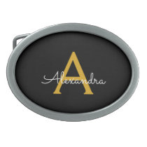 Black Gold Modern Script Girly Monogram Name Belt Buckle