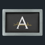 Black Gold Modern Script Girly Monogram Name Belt Buckle<br><div class="desc">Black and Gold Simple Script Monogram Name Belt Buckle. This makes the perfect graduation,  sweet 16 16th,  18th,  21st,  30th,  40th,  50th,  60th,  70th,  80th,  90th,  100th birthday,  wedding,  bridal shower,  anniversary,  baby shower or bachelorette party gift for someone that loves glam luxury and chic styles.</div>