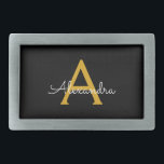 Black Gold Modern Script Girly Monogram Name Belt Buckle<br><div class="desc">Black and Gold Simple Script Monogram Name Belt Buckle. This makes the perfect graduation,  sweet 16 16th,  18th,  21st,  30th,  40th,  50th,  60th,  70th,  80th,  90th,  100th birthday,  wedding,  bridal shower,  anniversary,  baby shower or bachelorette party gift for someone that loves glam luxury and chic styles.</div>