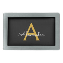 Black Gold Modern Script Girly Monogram Name Belt Buckle