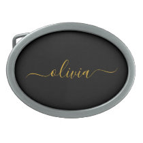 Black Gold Modern Script Girly Monogram Name Belt Buckle