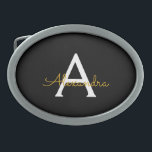 Black Gold Modern Script Girly Monogram Name Belt Buckle<br><div class="desc">Black and Gold Simple Script Monogram Name Belt Buckle. This makes the perfect graduation,  sweet 16 16th,  18th,  21st,  30th,  40th,  50th,  60th,  70th,  80th,  90th,  100th birthday,  wedding,  bridal shower,  anniversary,  baby shower or bachelorette party gift for someone that loves glam luxury and chic styles.</div>