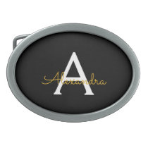 Black Gold Modern Script Girly Monogram Name Belt Buckle