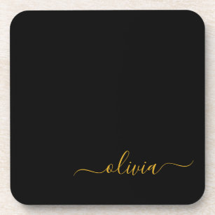Black Gold Modern Script Girly Monogram Name Beverage Coaster