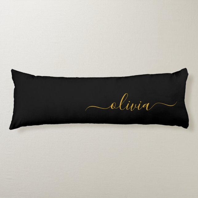 Black Gold Modern Script Girly Monogram Name Body Pillow (Front)