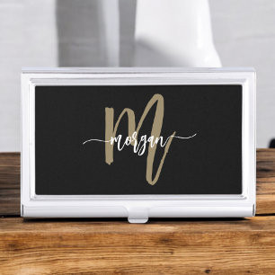 Black Gold Modern Script Girly Monogram Name Business Card Case