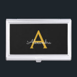 Black Gold Modern Script Girly Monogram Name Business Card Case<br><div class="desc">Black and Gold Simple Script Monogram Name Business Card Holder. This makes the perfect sweet 16 birthday,  wedding,  bridal shower,  anniversary,  baby shower or bachelorette party gift for someone that loves glam luxury and chic styles.</div>