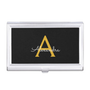 Black Gold Modern Script Girly Monogram Name Business Card Case