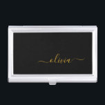 Black Gold Modern Script Girly Monogram Name Business Card Case<br><div class="desc">Black and Gold Simple Script Monogram Name Business Card Holder. This makes the perfect sweet 16 birthday,  wedding,  bridal shower,  anniversary,  baby shower or bachelorette party gift for someone that loves glam luxury and chic styles.</div>