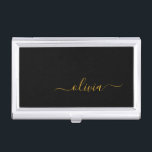Black Gold Modern Script Girly Monogram Name Business Card Case<br><div class="desc">Black and Gold Simple Script Monogram Name Business Card Holder. This makes the perfect sweet 16 birthday,  wedding,  bridal shower,  anniversary,  baby shower or bachelorette party gift for someone that loves glam luxury and chic styles.</div>