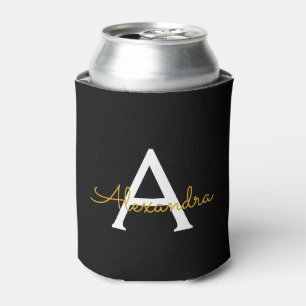Black Gold Modern Script Girly Monogram Name Can Cooler