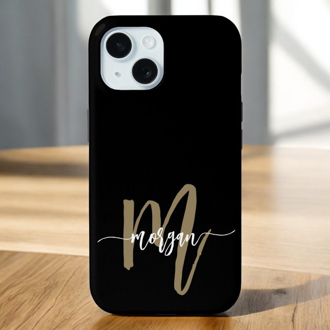 Black Gold Modern Script Girly Monogram Name Case-Mate iPhone Case (Creator Uploaded)