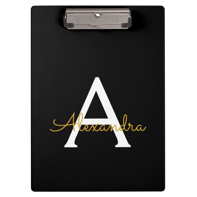 Black Gold Modern Script Girly Monogram Name Clipboard (Front)