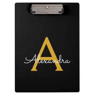 Black Gold Modern Script Girly Monogram Name Clipboard