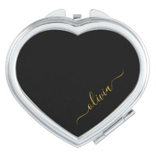 Black Gold Modern Script Girly Monogram Name Compact Mirror