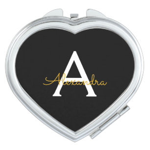 Black Gold Modern Script Girly Monogram Name Compact Mirror