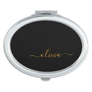 Black Gold Modern Script Girly Monogram Name Compact Mirror