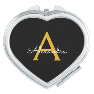 Black Gold Modern Script Girly Monogram Name Compact Mirror