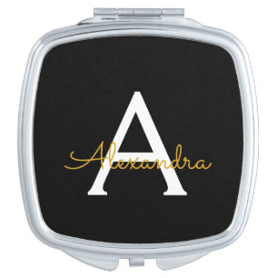 Black Gold Modern Script Girly Monogram Name Compact Mirror