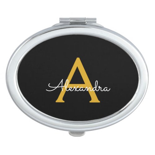 Black Gold Modern Script Girly Monogram Name Compact Mirror