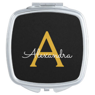 Black Gold Modern Script Girly Monogram Name Compact Mirror