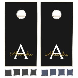 Black Gold Modern Script Girly Monogram Name Cornhole Set