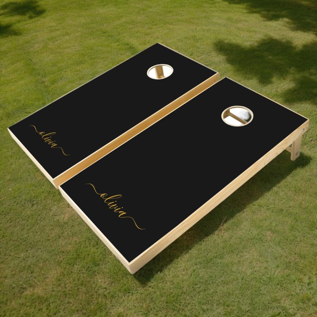 Black Gold Modern Script Girly Monogram Name Cornhole Set (Creator Uploaded)