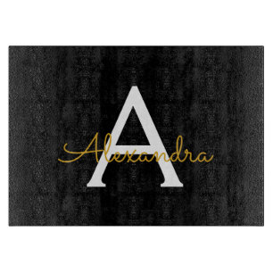 Black Gold Modern Script Girly Monogram Name Cutting Board