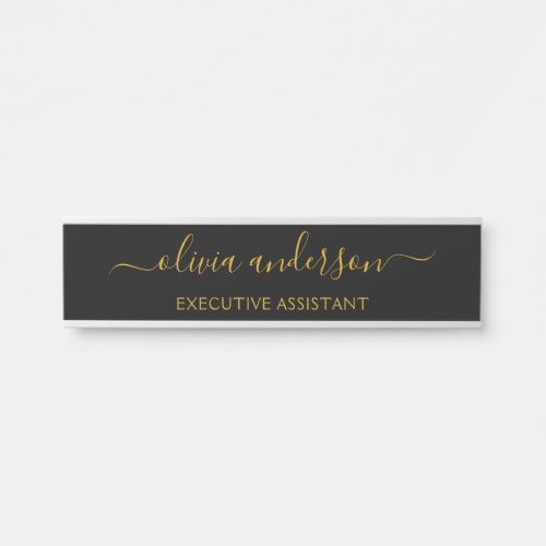 Black Gold Modern Script Girly Monogram Name Door Sign