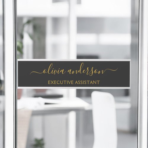 Black Gold Modern Script Girly Monogram Name Door Sign