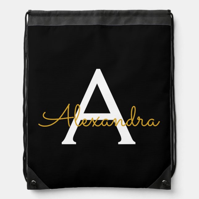 Black Gold Modern Script Girly Monogram Name Drawstring Bag (Front)